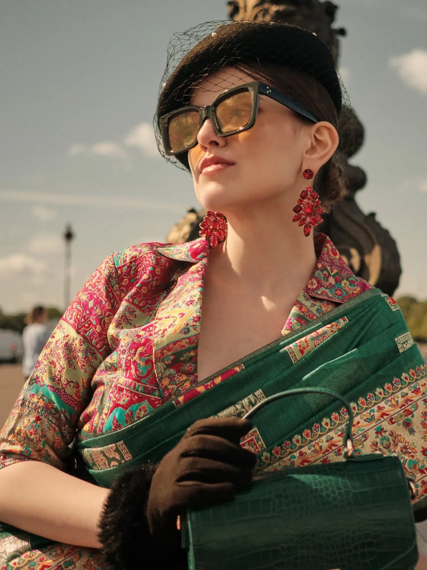 Green Woven Polyester Indian Sari - Designer Saree