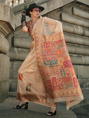 Women's Blend Cream Woven Design Designer Saree With Blouse Piece-KHDIJA343002