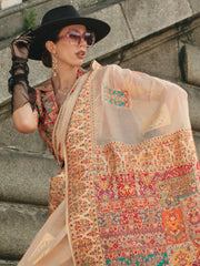 Women's Blend Cream Woven Design Designer Saree With Blouse Piece-KHDIJA343002
