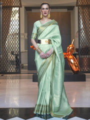 Women's Blend Sea Green Woven Design Designer Saree With Blouse Piece-KHITAB245003
