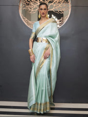 Women's Blend Turquoise Woven Design Designer Saree With Blouse Piece-KHITAB245005