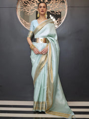 Women's Blend Turquoise Woven Design Designer Saree With Blouse Piece-KHITAB245005