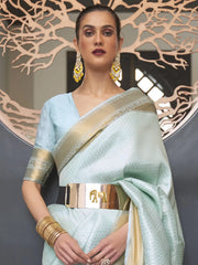 Women's Blend Turquoise Woven Design Designer Saree With Blouse Piece-KHITAB245005