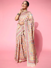Women's Blend Beige Woven Design Celebrity Saree With Blouse Piece-KHUBNI240002