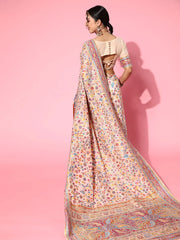 Women's Blend Beige Woven Design Celebrity Saree With Blouse Piece-KHUBNI240002
