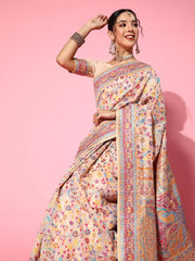 Women's Blend Beige Woven Design Celebrity Saree With Blouse Piece-KHUBNI240002