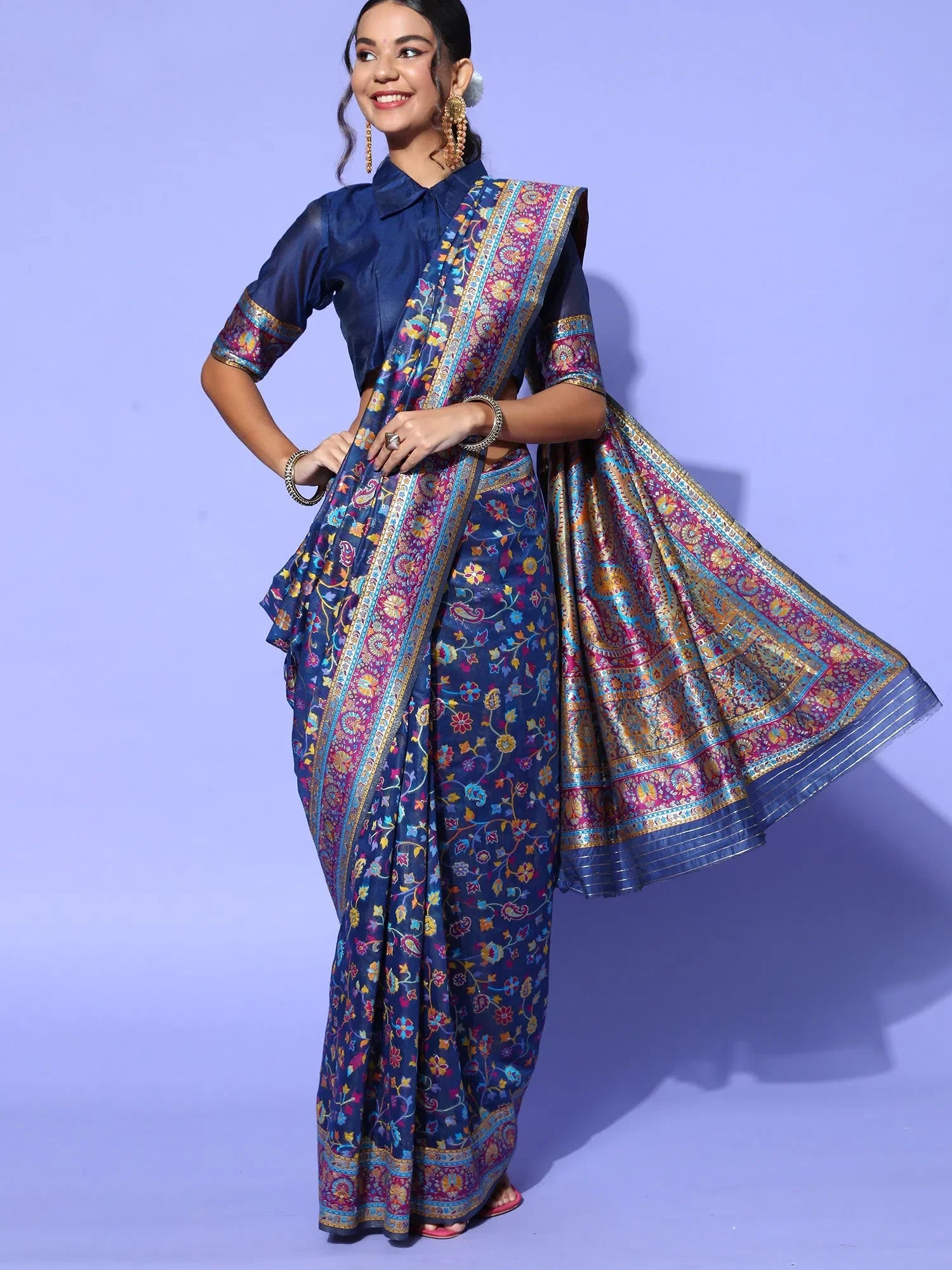 Navy Blue Woven Saree - Indian Sari Style