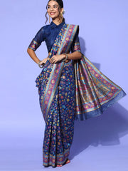 Women's Blend Navy Blue Woven Design Celebrity Saree With Blouse Piece-KHUBNI240007