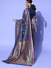 Women's Blend Navy Blue Woven Design Celebrity Saree With Blouse Piece-KHUBNI240007