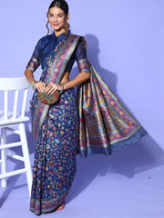 Women's Blend Navy Blue Woven Design Celebrity Saree With Blouse Piece-KHUBNI240007
