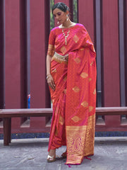 Women's Pure  Peach Woven Design Designer Saree With Blouse Piece-KHUSHT266003