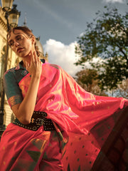 Women's Blend Pink Woven Design Designer Saree With Blouse Piece-KHWAB349001