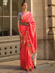 Women's Blend Pink Woven Design Designer Saree With Blouse Piece-KHWAB349001