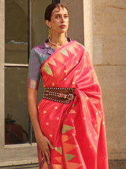 Women's Blend Pink Woven Design Designer Saree With Blouse Piece-KHWAB349001