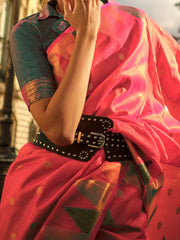 Women's Blend Pink Woven Design Designer Saree With Blouse Piece-KHWAB349001