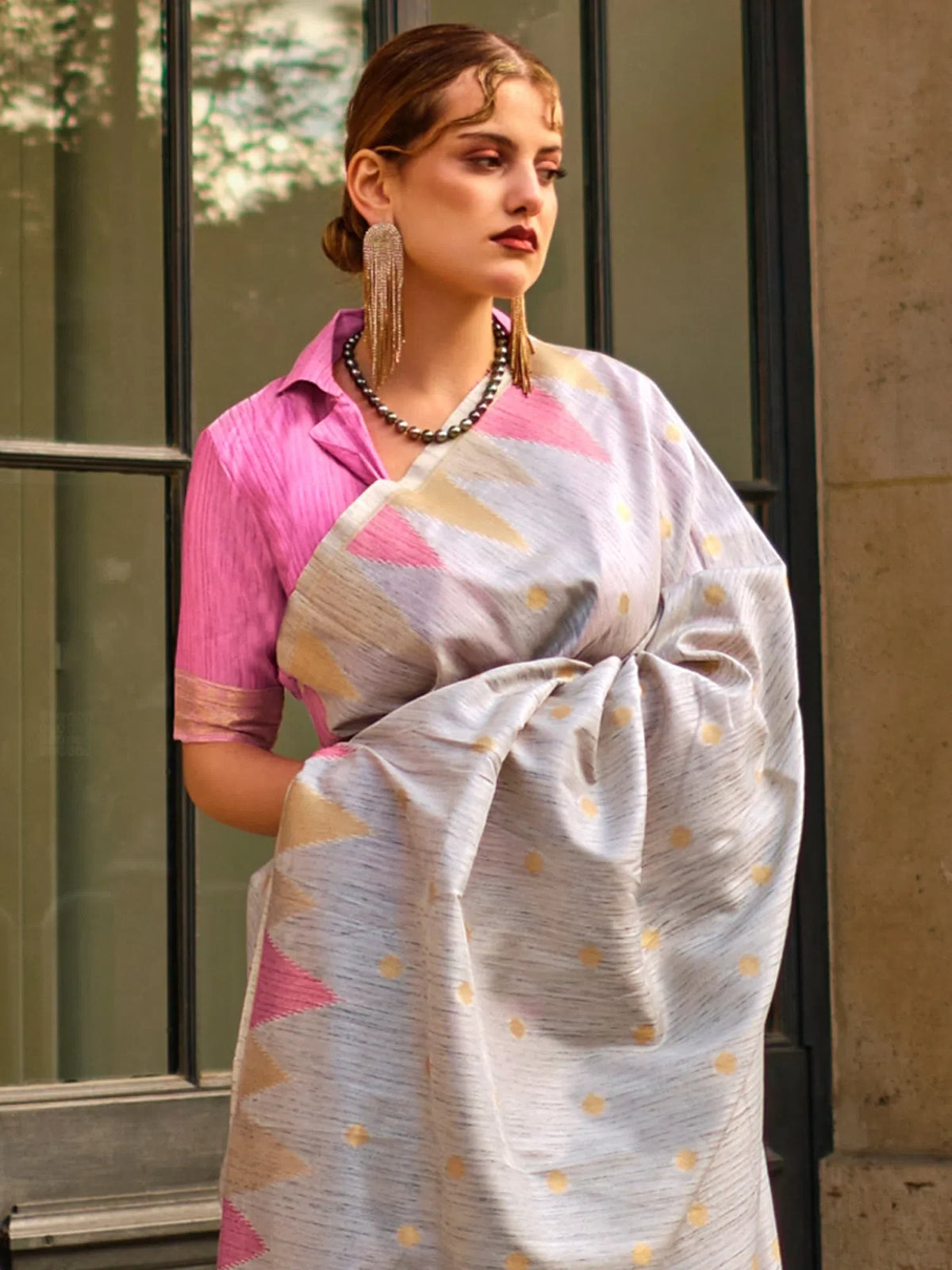 Women's  Blend Grey Woven Design Designer Saree With Blouse Piece-KHWAB349005