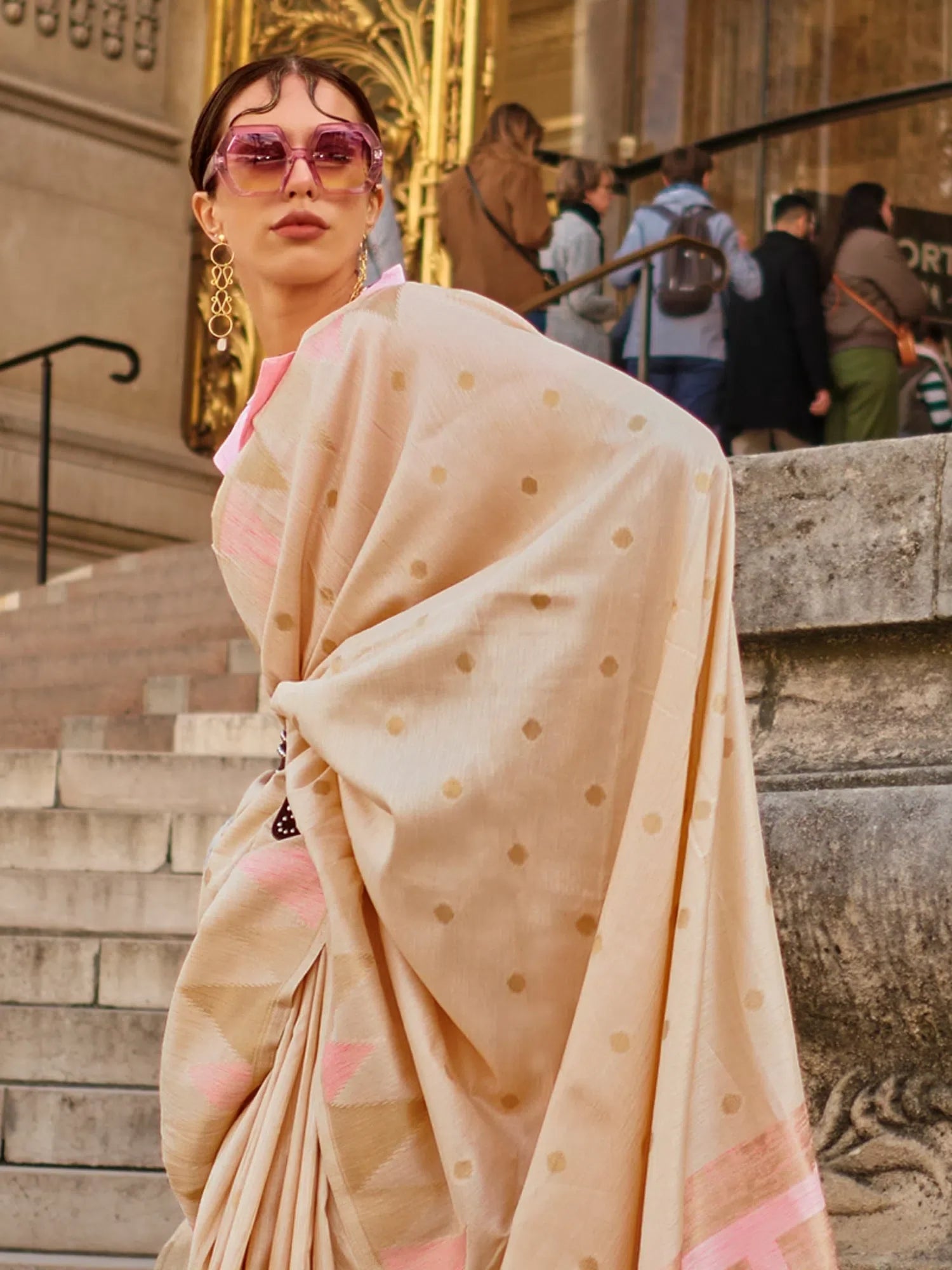 Cream Woven Designer Saree with Blouse - Designer Sarees India