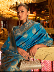 Women's  Blend Blue Woven Design Handloom Saree With Blouse Piece-KIHRIKA259001