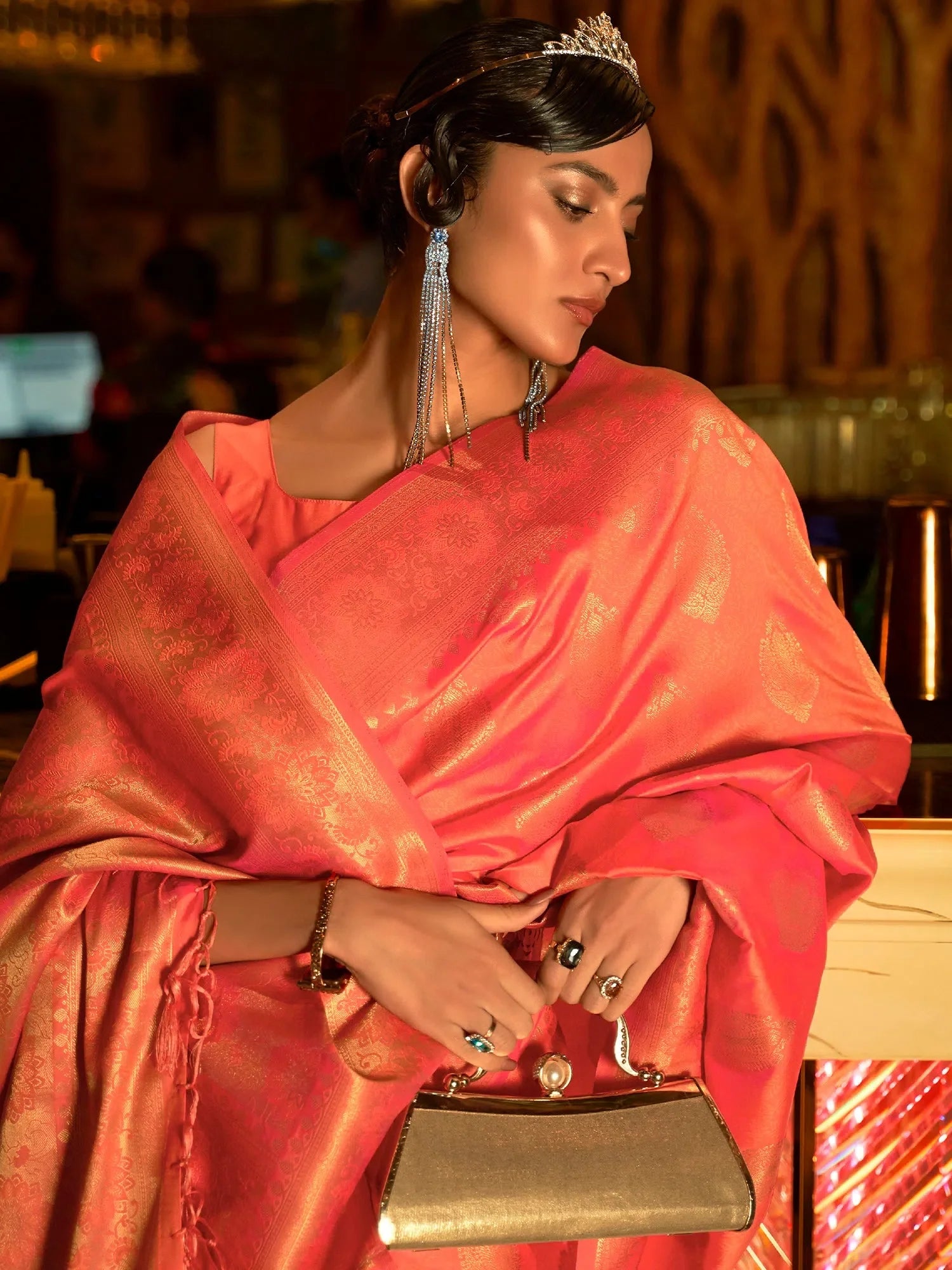 Peach Polyester Saree with Blouse – Ethnic Wear Indian Sari Collection