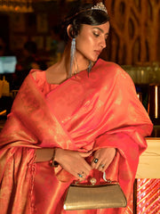 Women's Blend Peach Woven Design Handloom Saree With Blouse Piece-KIHRIKA259002