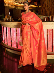 Women's Blend Peach Woven Design Handloom Saree With Blouse Piece-KIHRIKA259002