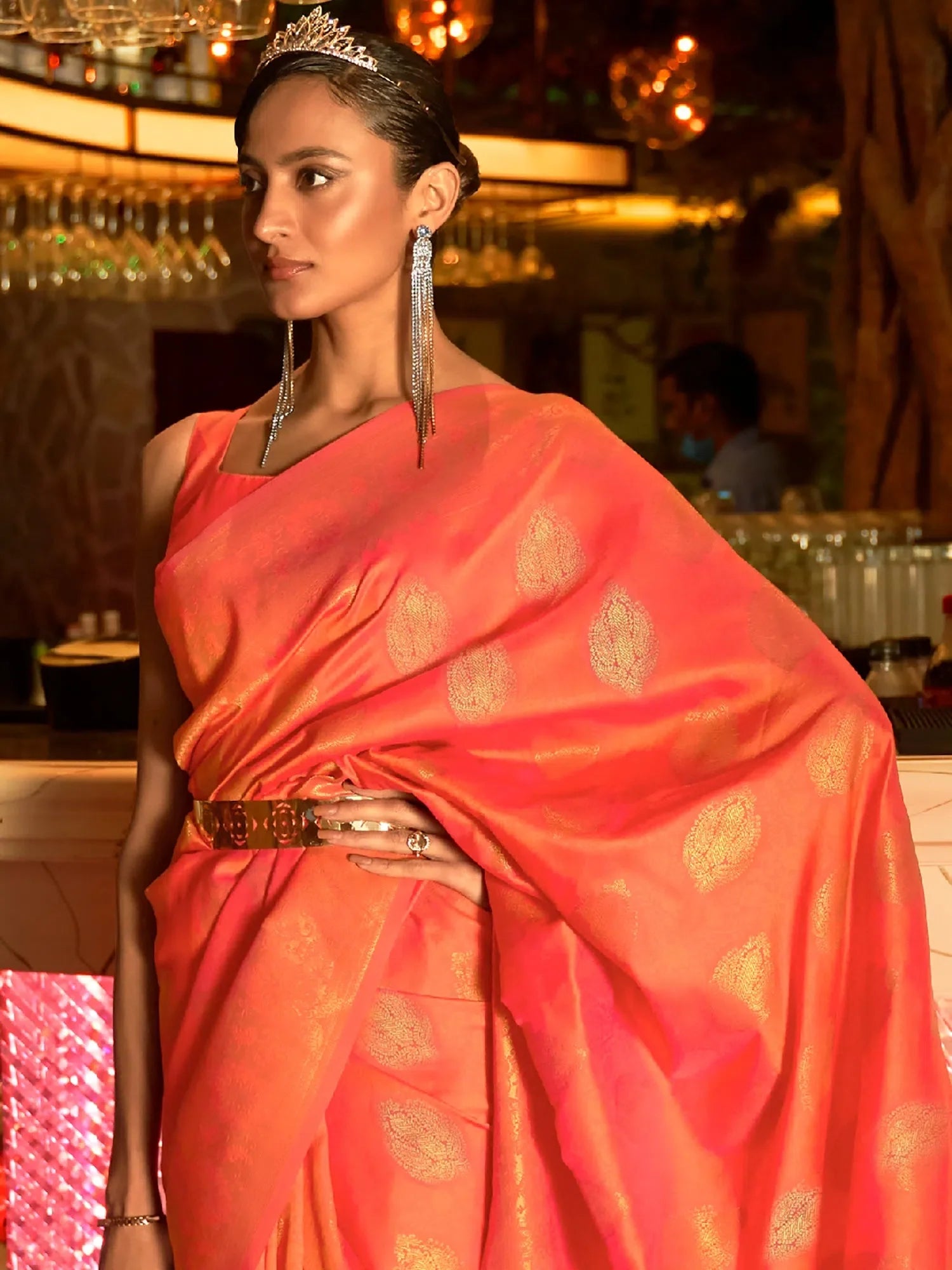 Peach Polyester Saree with Blouse – Ethnic Wear Indian Sari Collection