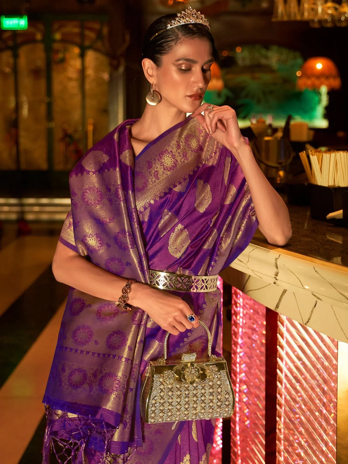 Women's  Blend Purple Woven Design Handloom Saree With Blouse Piece-KIHRIKA259003