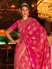 Women's  Blend Pink Woven Design Handloom Saree With Blouse Piece-KIHRIKA259005