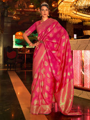 Women's  Blend Pink Woven Design Handloom Saree With Blouse Piece-KIHRIKA259005