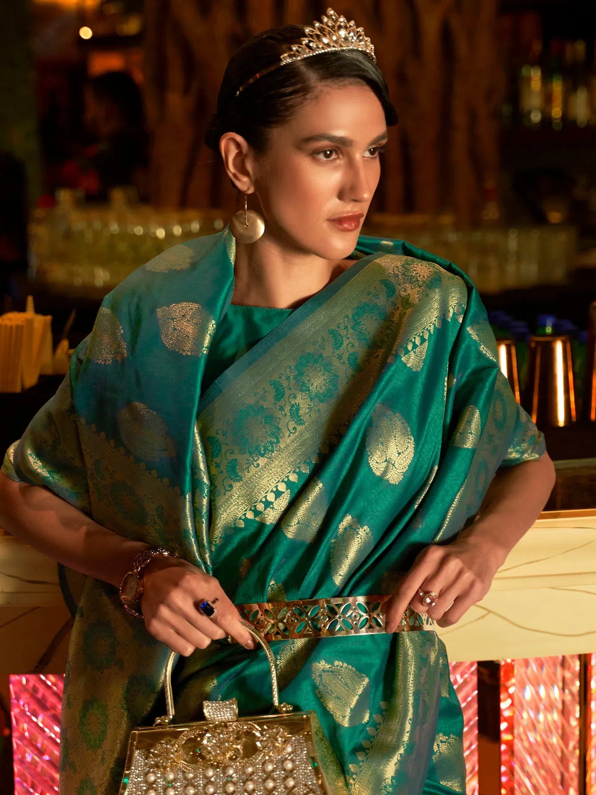 Women's Blend Teal Blue Woven Design Handloom Saree With Blouse Piece-KIHRIKA259006