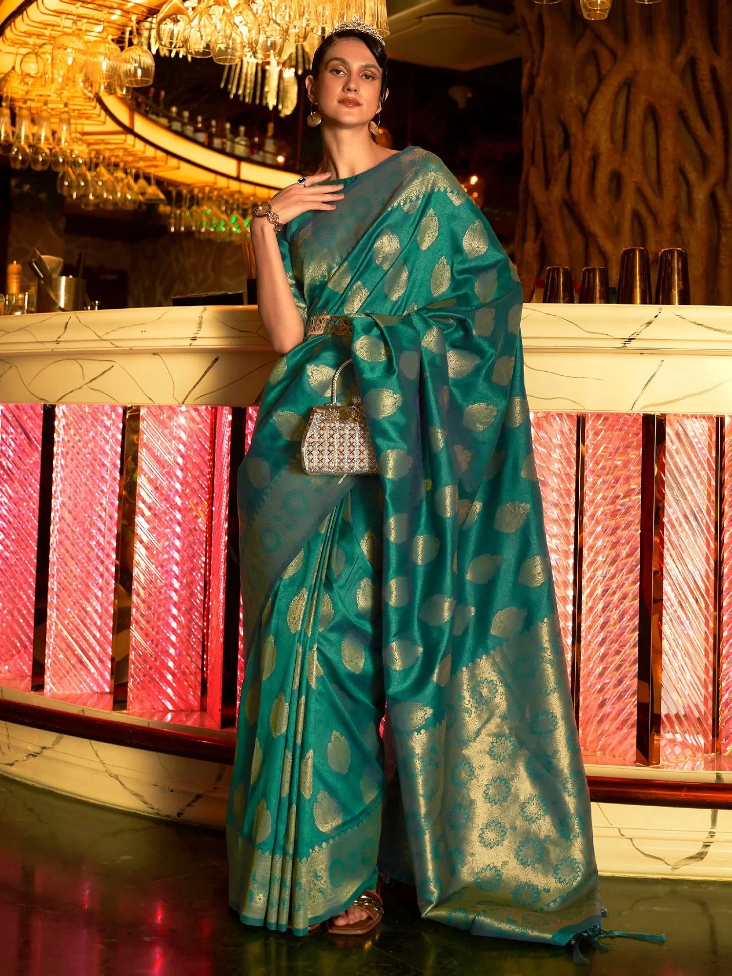 Teal Blue Polyester Saree - Indian Sarees & Blouse