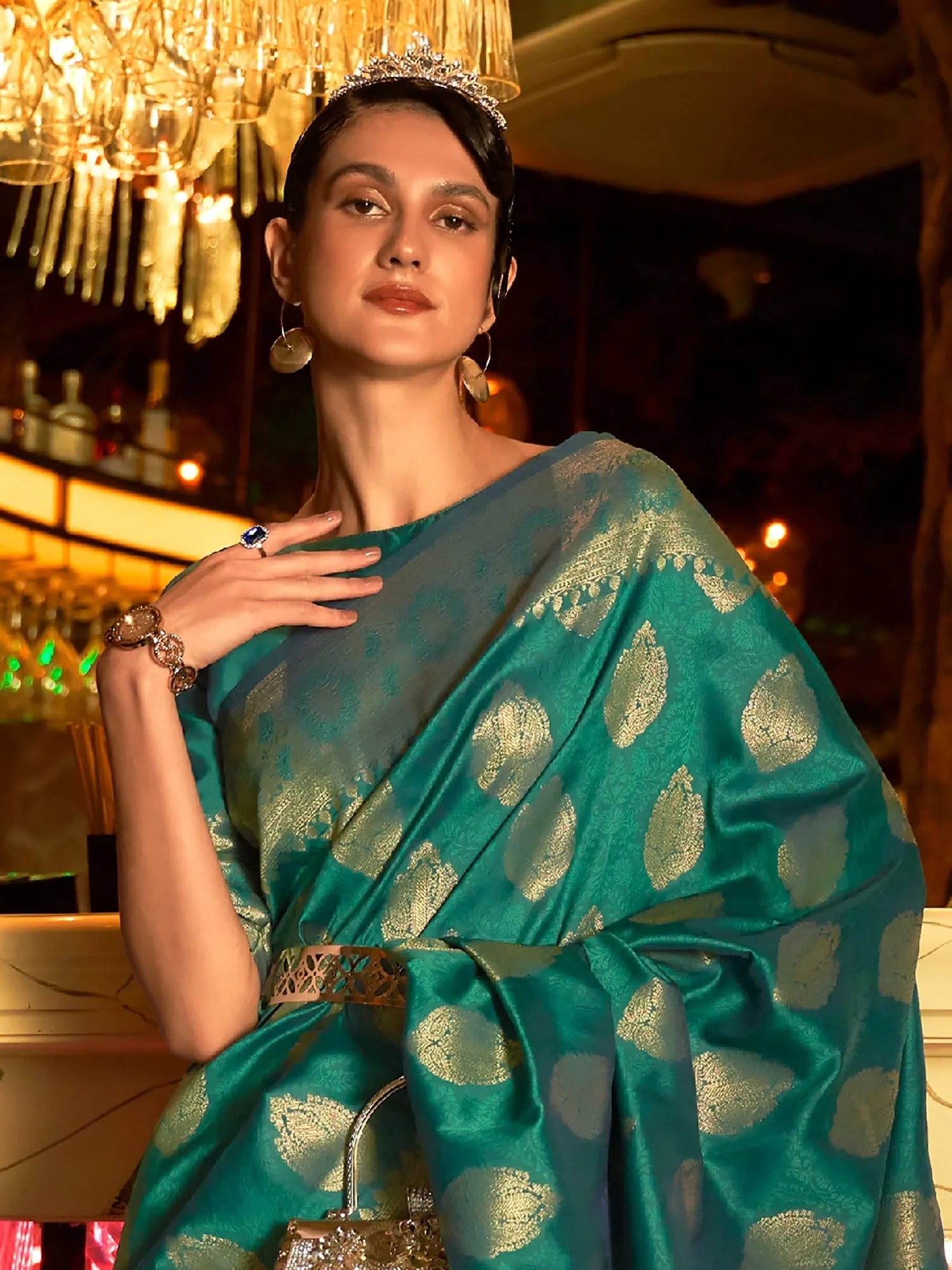 Teal Blue Polyester Saree - Indian Sarees & Blouse