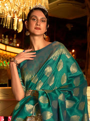 Women's Blend Teal Blue Woven Design Handloom Saree With Blouse Piece-KIHRIKA259006