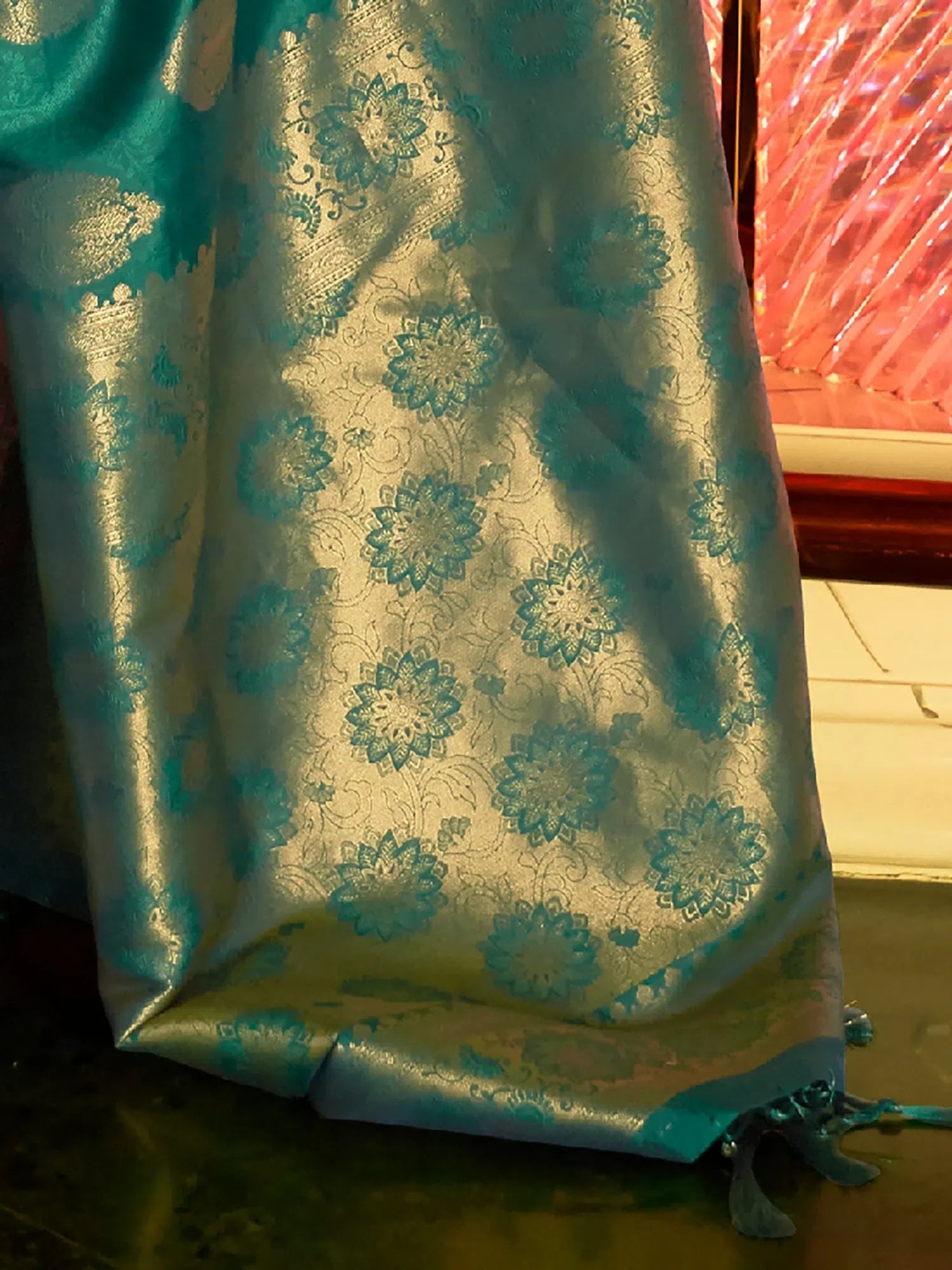 Teal Blue Polyester Saree - Indian Sarees & Blouse