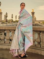 Women's Satin Light Blue Woven Design Designer Saree With Blouse Piece-KIKI340005