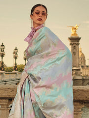 Women's Satin Light Blue Woven Design Designer Saree With Blouse Piece-KIKI340005
