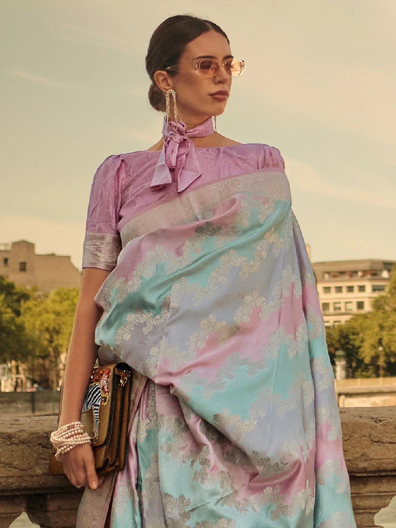 Light Blue Satin Saree | Designer Sarees India