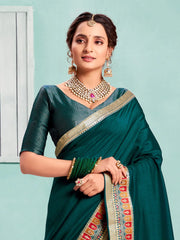 Women's Vichitra Teal Blue Embellished Designer Saree With Blouse Piece-KIMORA81604