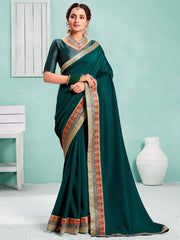 Women's Vichitra Teal Blue Embellished Designer Saree With Blouse Piece-KIMORA81604