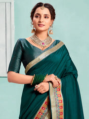 Women's Vichitra Teal Blue Embellished Designer Saree With Blouse Piece-KIMORA81604