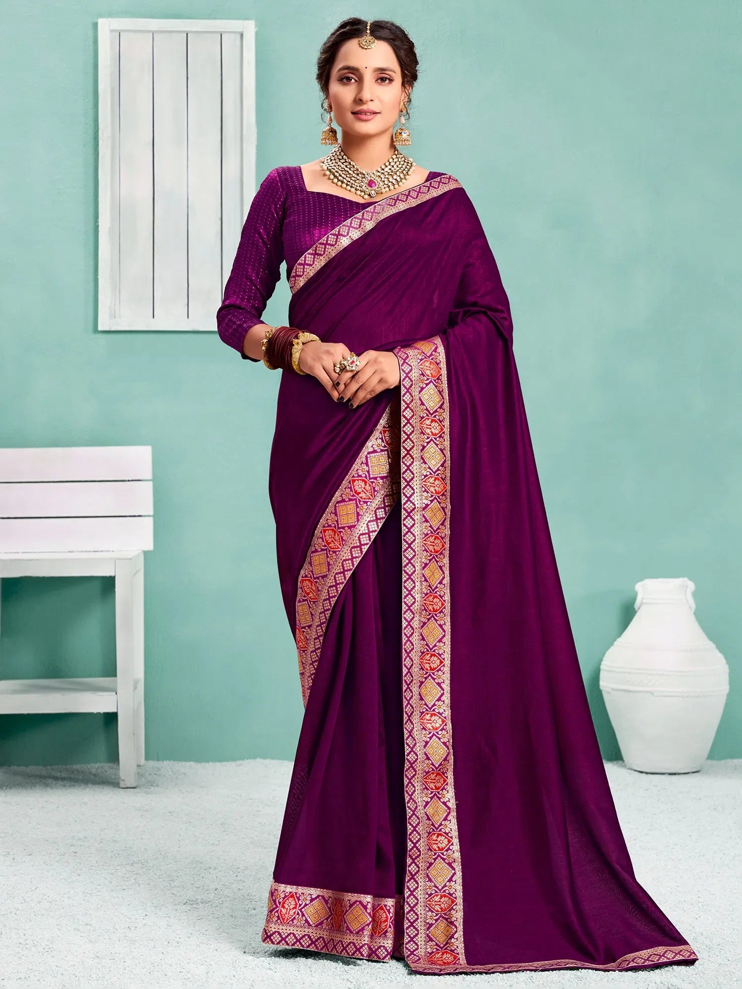Purple Embellished Indian Sari - Designer Polyester Saree