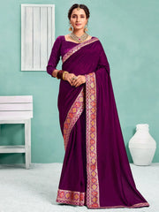 Women's Vichitra Purple Embellished Designer Saree With Blouse Piece-KIMORA81606