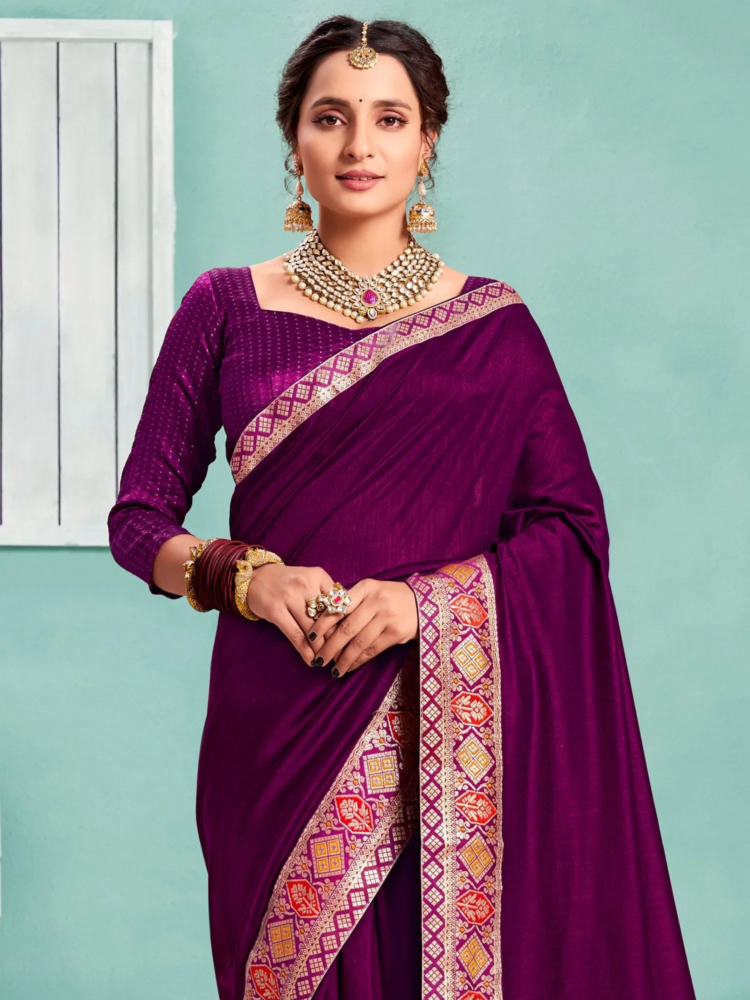 Purple Embellished Indian Sari - Designer Polyester Saree