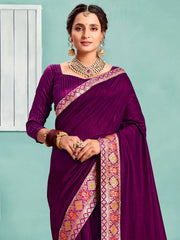 Women's Vichitra Purple Embellished Designer Saree With Blouse Piece-KIMORA81606