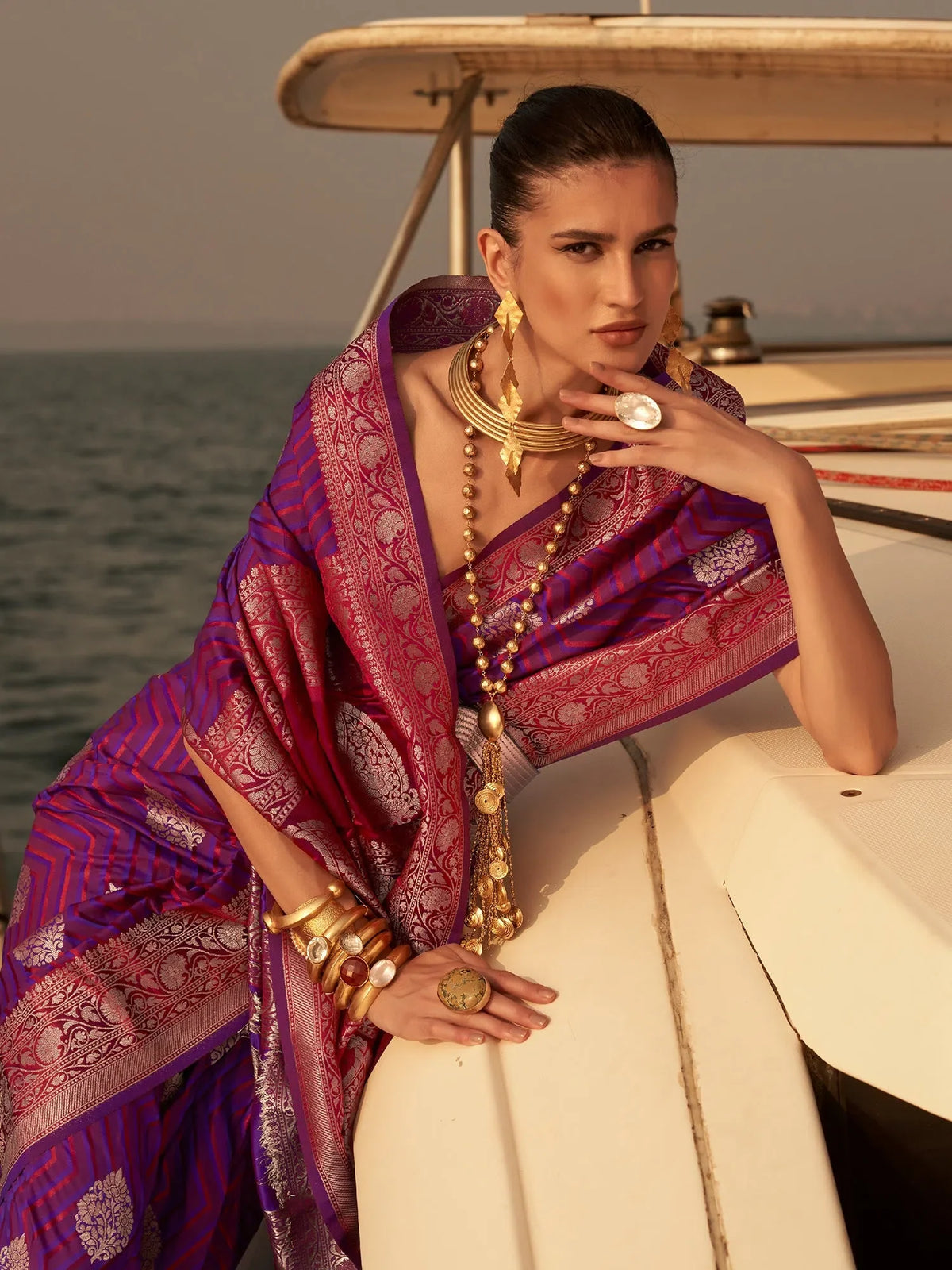 Women's Blend Purple Woven Design Designer Saree With Blouse Piece-KING305010