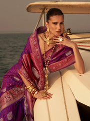 Women's Blend Purple Woven Design Designer Saree With Blouse Piece-KING305010