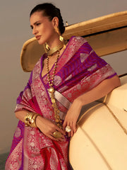 Women's Blend Purple Woven Design Designer Saree With Blouse Piece-KING305010