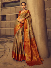 Women's Blend Gold Woven Design Designer Saree With Blouse Piece-KINKHAB1203