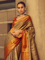 Women's Blend Gold Woven Design Designer Saree With Blouse Piece-KINKHAB1203