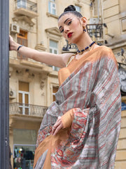 Women's Brasso Grey Embellished Designer Saree With Blouse Piece-KINSEL331001